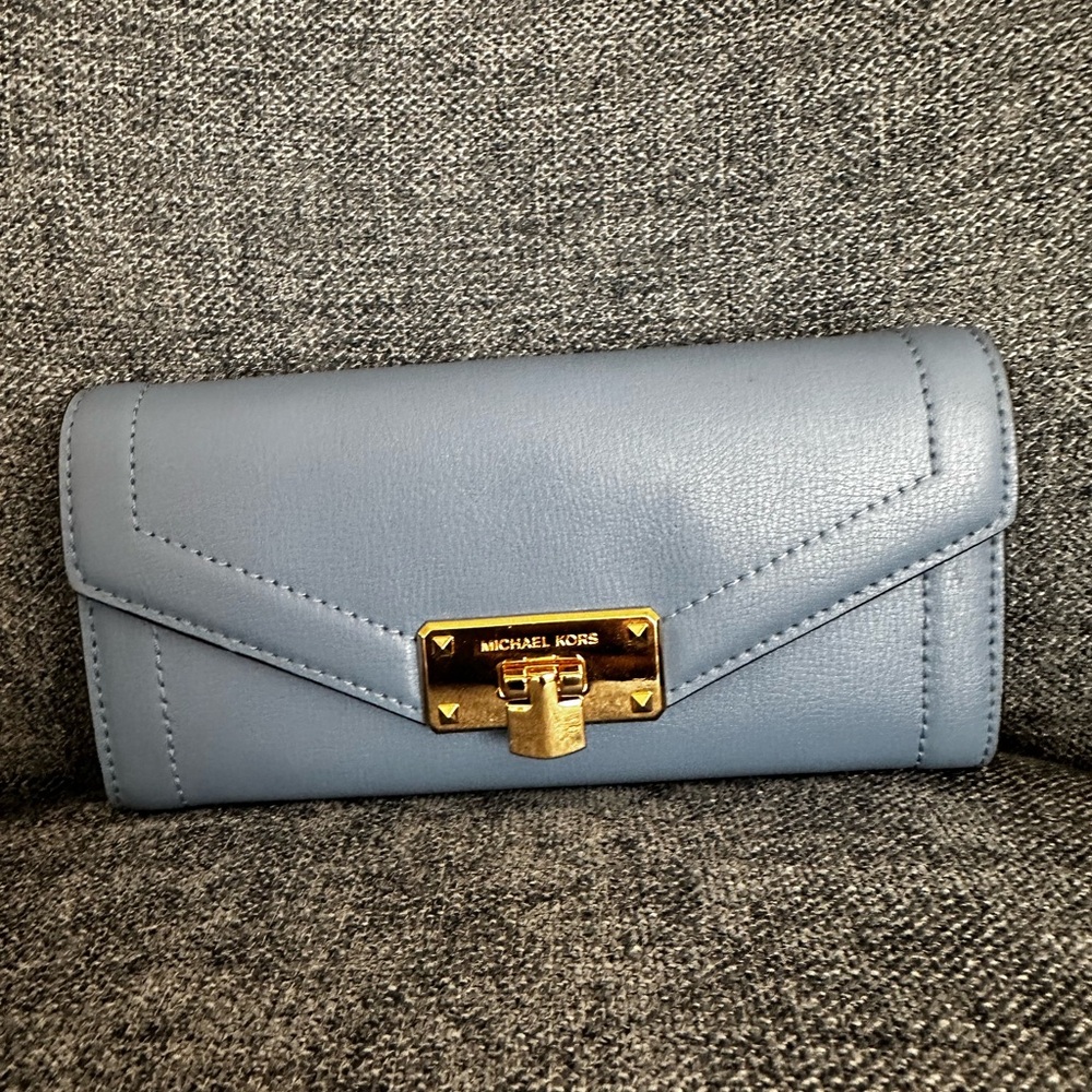 Michael Kors Blue Chevron Leather Wallet with gold accents